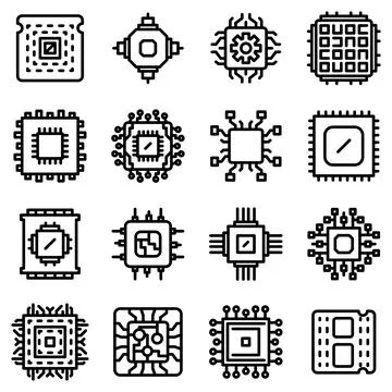 Processor icons set, outline style Stock Illustration