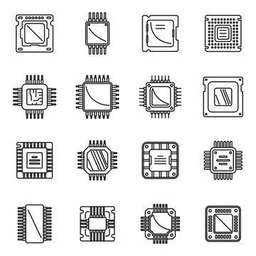 Processor icons set outline vector. Central computer card Stock Illustration