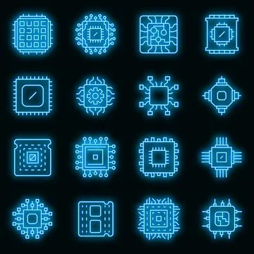 Processor icons set vector neon Stock Illustration