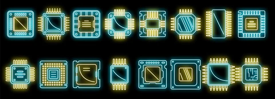 Processor icons set vector neon Stock Illustration