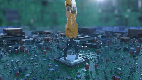Processor Installation Process on the Circuit Board with Robotic Arm. DOF Blur Stock Footage 89662229