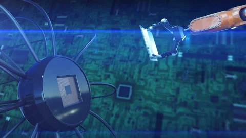 Processor Installation Process on the Circuit Board with Robotic Arm Stock Footage 89850465