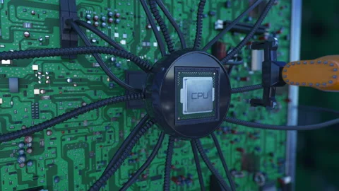 Processor Installation Process on the Circuit Board the with Robotic Arm. DOF Stock Footage 90330619