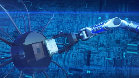 Processor Installation Process on the Circuit Board with Robotic Arm. Abstract Video stock 90652161