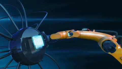 Processor Installation Process on Futuristic Circuit Board with Robotic Arm Stock Footage 89850199