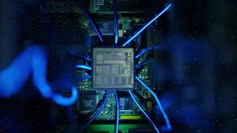 The processor on the large board is connected to other circuits via blue wires Stock Footage 330867626