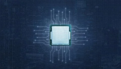 Processor with ligting microelectronics circuits. Binary code in abstract bac Foto stock