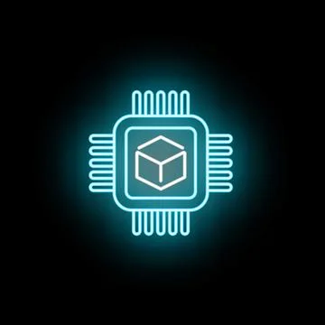Processor microchip with 3d cube neon icon Stockillustratie