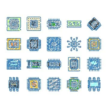 Processor microchip digital electronic hardware technology icons Stock Illustration