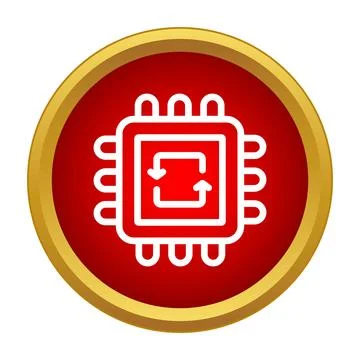 Processor microchip icon with refresh arrows on red circle Stock Illustration