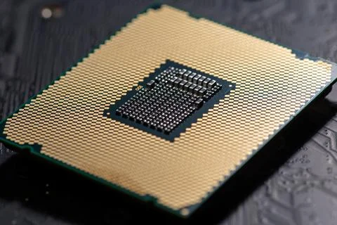 Processor on motherboard hardware. Circuit board in close-up macro with proce 스톡 사진