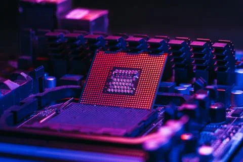 The processor on the motherboard in neon light. Computer parts. Close-up phot 写真素材