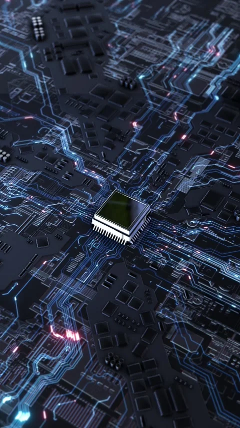 Processor mounted circuit board glowing connections symbolizing high performance Video stock 342782923