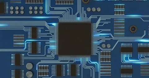 Processor or microchip and electronic signals on motherboard circuit. Stock Footage 77007466