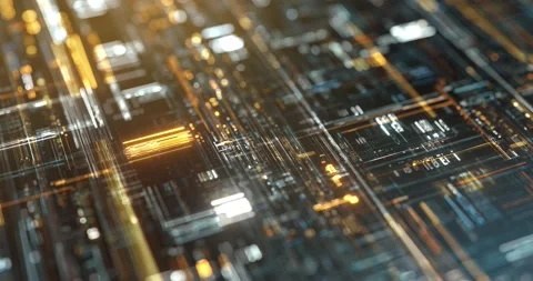 Processor or microchip and electronic signals on motherboard circuit Stock Footage 155210988