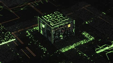 Processor or microchip and electronic signals on motherboard circuit, 3D motion Illustrazione stock