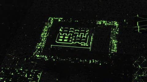 Processor or microchip and electronic signals on motherboard circuit, 3D motion Stockillustratie