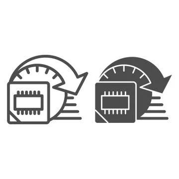 Processor overlocking line and solid icon. Computer microchip high performance Illustrazione stock