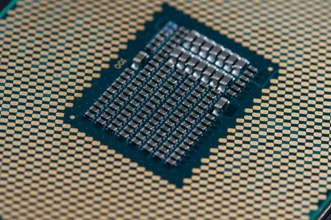 Processor on pcb surface. Circuit board in macro electronics with processor chip 写真素材