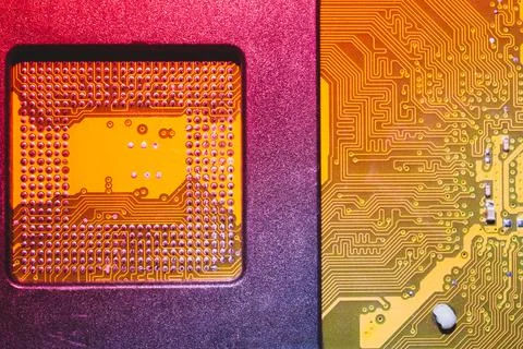 Processor pins macro. computer motherboard close up. cpu pins on a circuit bo 写真素材