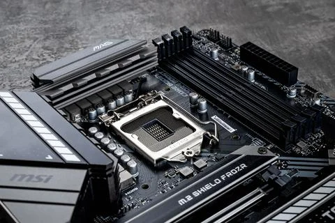 Processor socket and memory slots on a MSI MAG Z490 TOMAHAWK gaming motheboard. Stock Photos