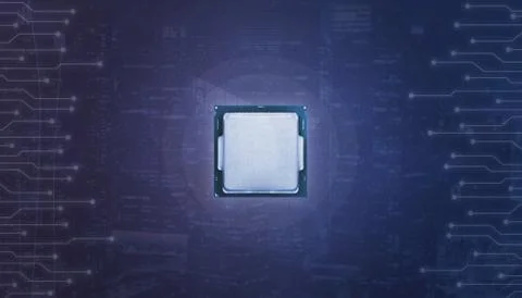 Processor surrounded with microelectronic circuits. Abstract blue background  Stock Photos