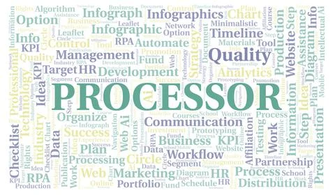 Processor typography word cloud create with the text only. Illustrazione stock