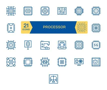 Processor Vector Icon Collection with 25 256x256 Regular Line Designs Stock Illustration