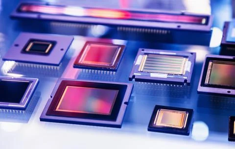 Processors of various shapes and circuits for microelectronic devices Stock Photos