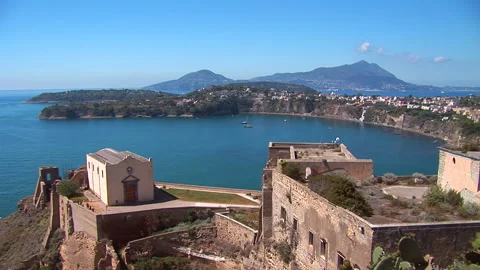 Procida island, panoramic view of Ischia from the walled land Stock Footage 148557242