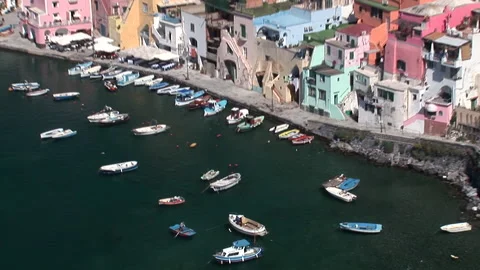 Procida island, panoramic zoom out of Corricella port Stock Footage 148629236