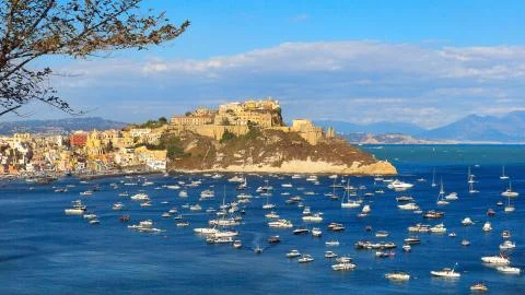 Procida, Punta Monas and the bay of the Corricella marina. Stock Photos