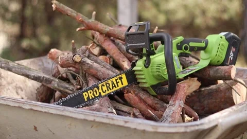 Procraft cordless chainsaw on a pile of pine firewood in a garden cart Stock-Footage 332947272