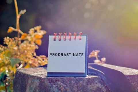 Procrastinate text written on notepad with blurred background of hanging brid Stock Photos
