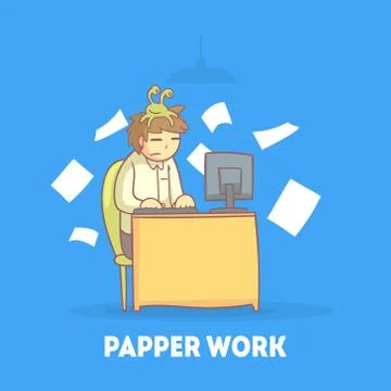 Procrastinating Office Worker Sitting at his Desk with Papers Flying Around Him Stock Illustration