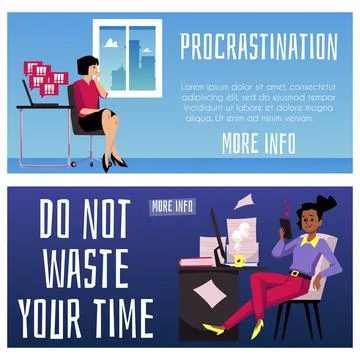 Procrastination and time wasting banners set, flat vector illustration. Stock Illustration