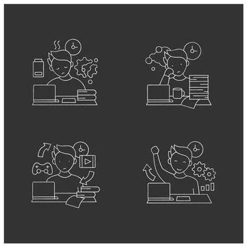 Procrastination chalk icons set Stock Illustration