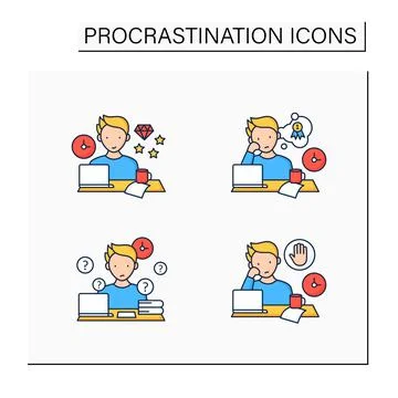 Procrastination color icons set Stock Illustration
