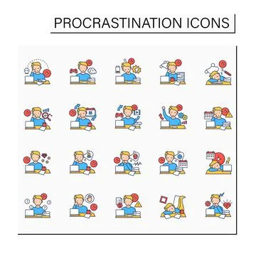 Procrastination color icons set Stock Illustration