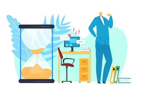 Procrastination concept, businessman procrastinating work in office, vector Stock Illustration
