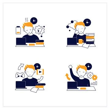 Procrastination flat icons set 스톡 일러스트