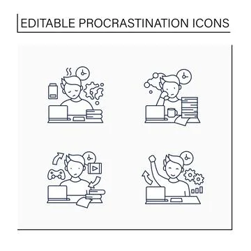 Procrastination line icons set Stock Illustration