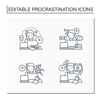 Procrastination line icons set Stock Illustration