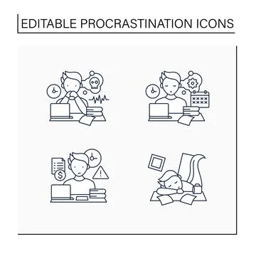 Procrastination line icons set Stock Illustration