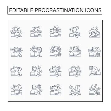 Procrastination line icons set Stock Illustration