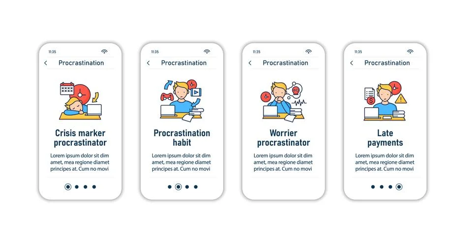 Procrastination onboarding mobile app screens 스톡 일러스트