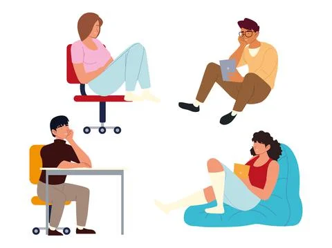 Procrastination, people sitting with tablet bored and exhausted Stock Illustration
