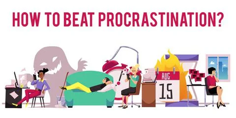 Procrastination poster template with people at workplace, flat vector Stock Illustration