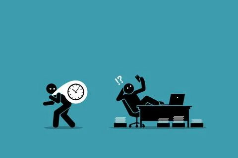 Procrastination is the thief of time. Vector illustrations clip art depicts c Stock Illustration