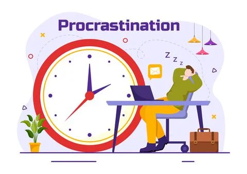 Procrastination Vector Illustration with Procrastinating Lazy Businessman E.. Stock Illustration